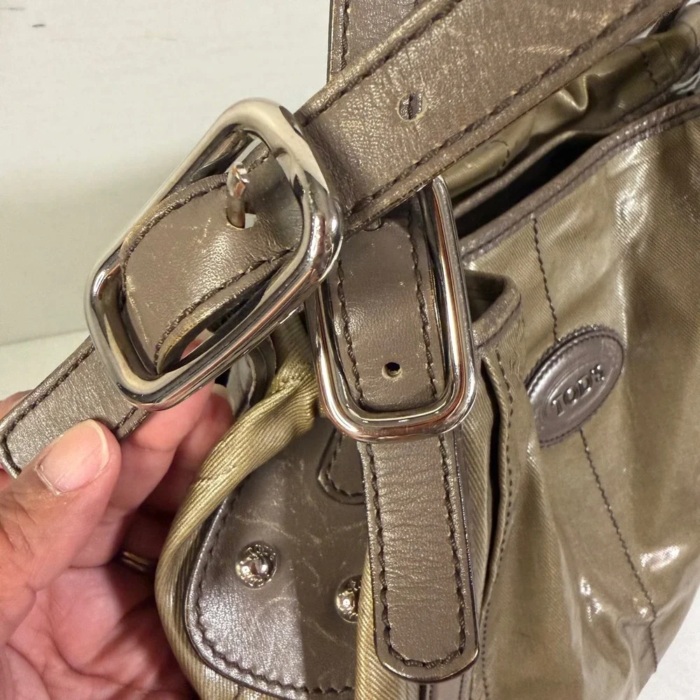 Tod's Shoulder Bag Medium Bronze Coated Canvas Leather Trim Tote + Luxury Hobo